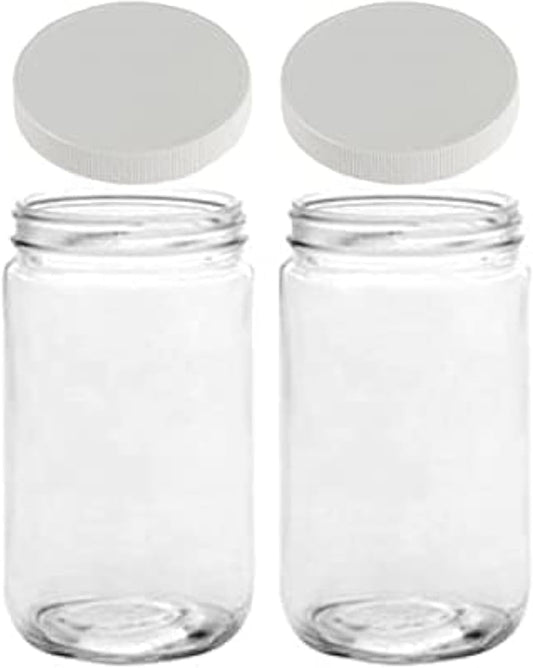Mason Jars 32 Oz Glass EXTRA WIDE MOUTH Quart Storage Jars with Lids - BPA Free Plastic Storage Lids - Made in USA - Quart Glass Jars 32 Oz with Airtight Lids (Set of 2)